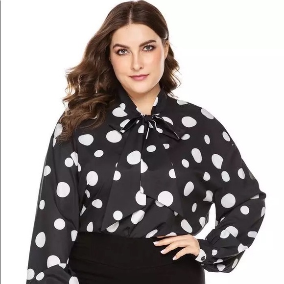 Blue/White Polka-Dot Blouse with Bow Collar - Picture 3 of 5